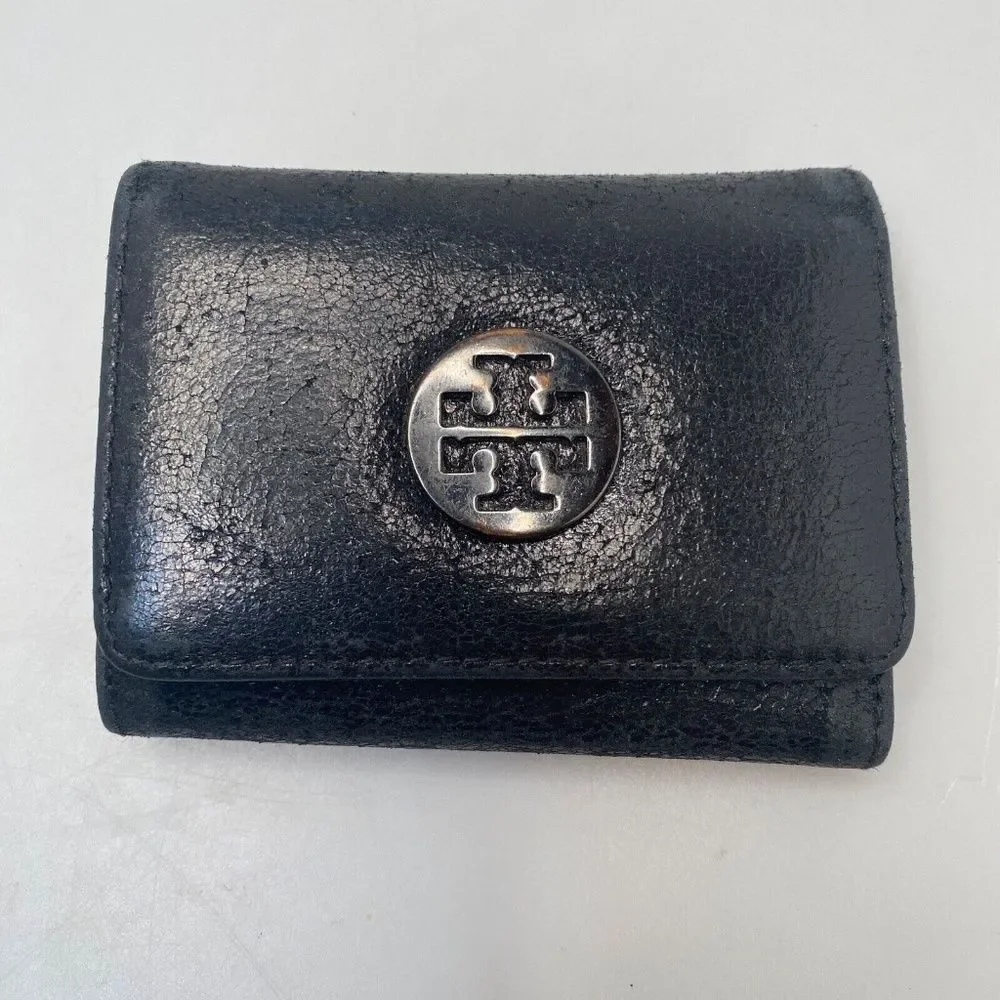 Tory Burch Black Leather Tri-Fold Key Case Mini Wallet – EUC, 5 Hooks, Crackle F